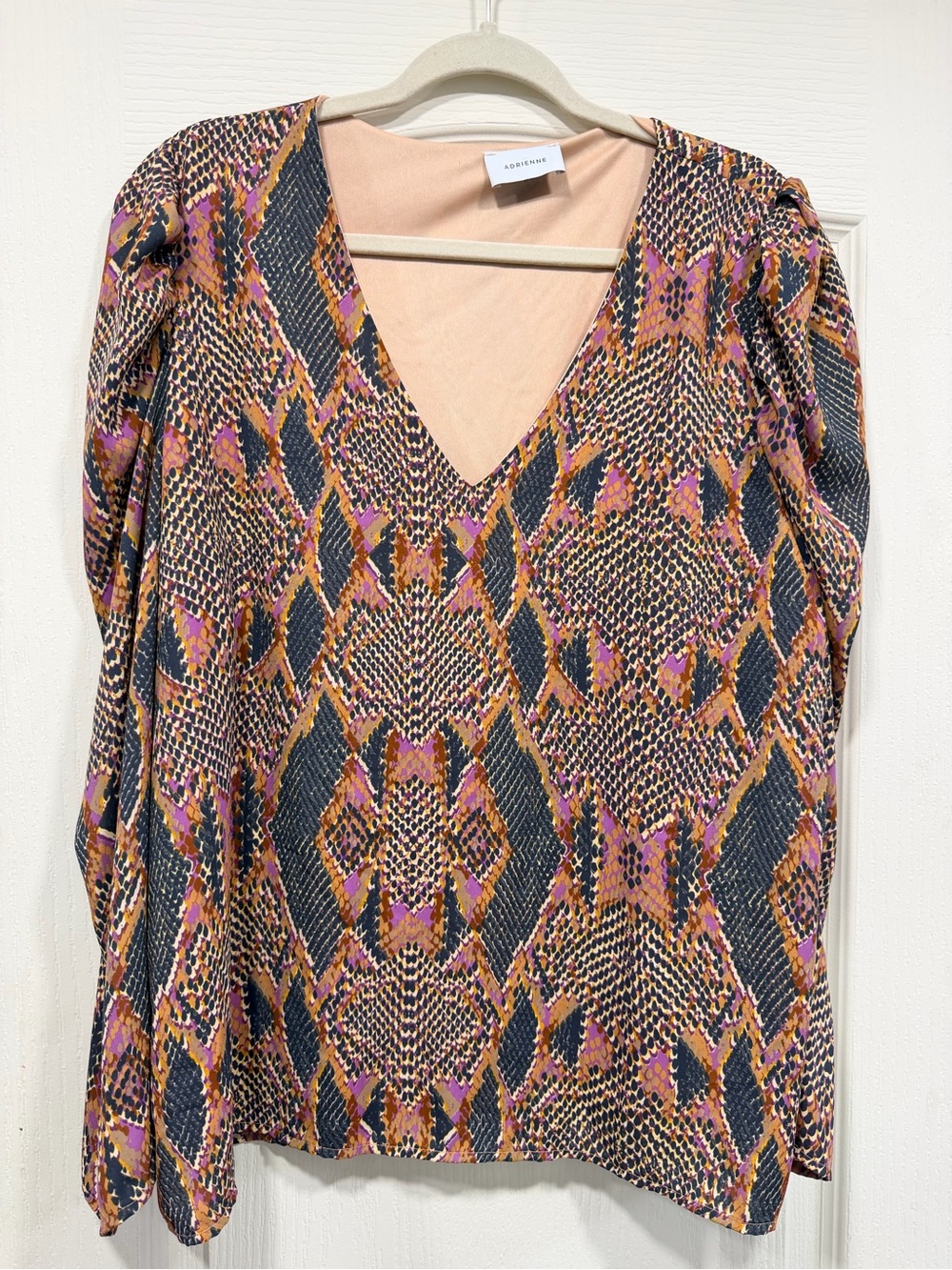 ADRIENNE- V-neck Long Sleeve Printed Top in Pink, Navy & Tan